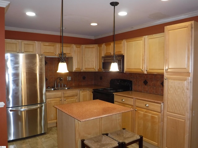 279 Finch Rd, Wellford, SC 29385 - kitchen with black appliances, light brown cabinetry, light countertops, ornamental molding, and a kitchen island