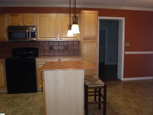 279 Finch Rd, Wellford, SC 29385 - kitchen with stainless steel microwave, black electric range oven, backsplash, light brown cabinetry, and a kitchen island