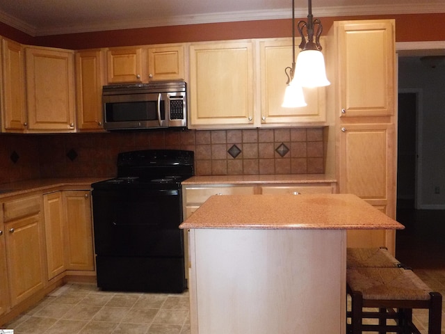 279 Finch Rd, Wellford, SC 29385 - kitchen with stainless steel microwave, black range with electric cooktop, a kitchen island, decorative backsplash, and a kitchen breakfast bar