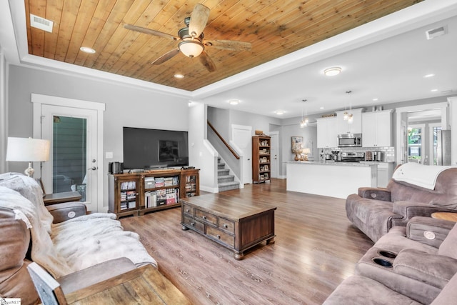 542 Drayton Hall Blvd, Duncan, SC 29334 - living area with a ceiling fan, stairs, light wood finished floors, wood ceiling, and recessed lighting