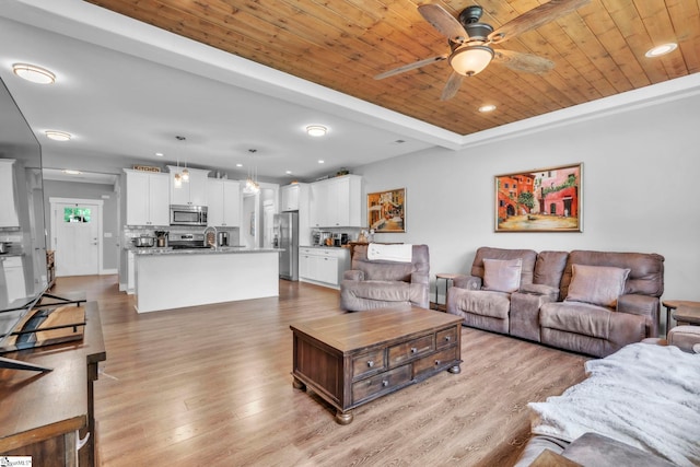 542 Drayton Hall Blvd, Duncan, SC 29334 - living area featuring a ceiling fan, recessed lighting, light wood-style floors, wood ceiling, and a tray ceiling