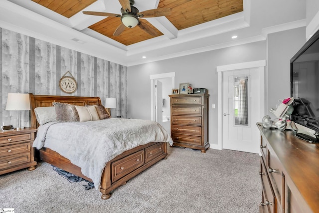 542 Drayton Hall Blvd, Duncan, SC 29334 - bedroom with a wood ceiling with exposed beams, light carpet, coffered ceiling, recessed lighting, and ceiling fan