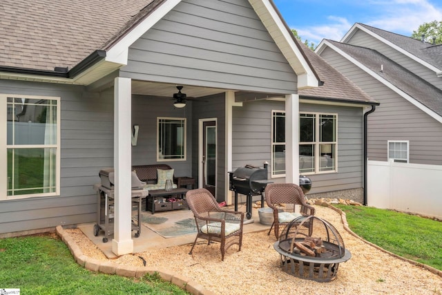 542 Drayton Hall Blvd, Duncan, SC 29334 - back of house with a fire pit, a patio, ceiling fan, and roof with shingles