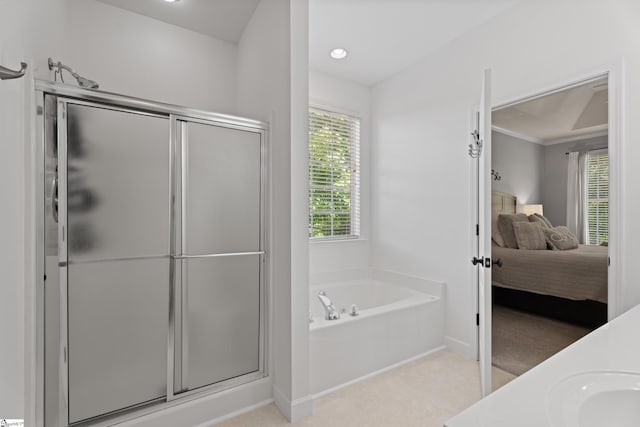 104 Superior Way, Greer, SC 29651 - bathroom featuring ensuite bath, a stall shower, a bath, and ornamental molding
