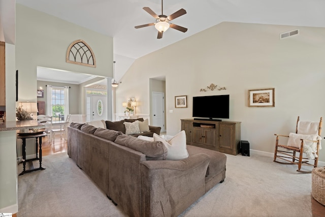 104 Superior Way, Greer, SC 29651 - living area with ceiling fan, light colored carpet, and high vaulted ceiling