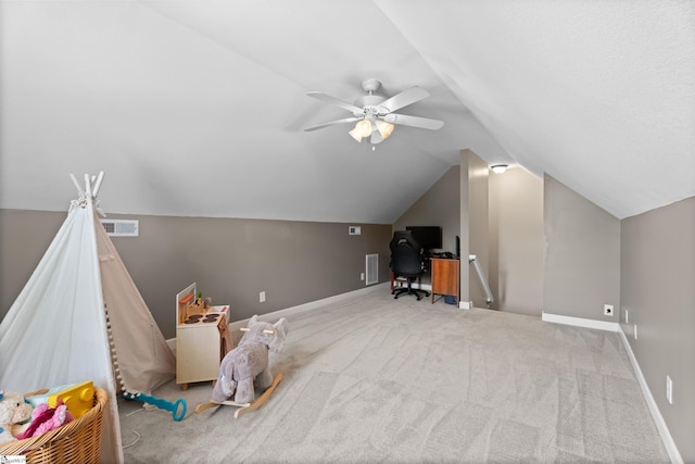 104 Superior Way, Greer, SC 29651 - playroom featuring vaulted ceiling, carpet, a desk, and ceiling fan