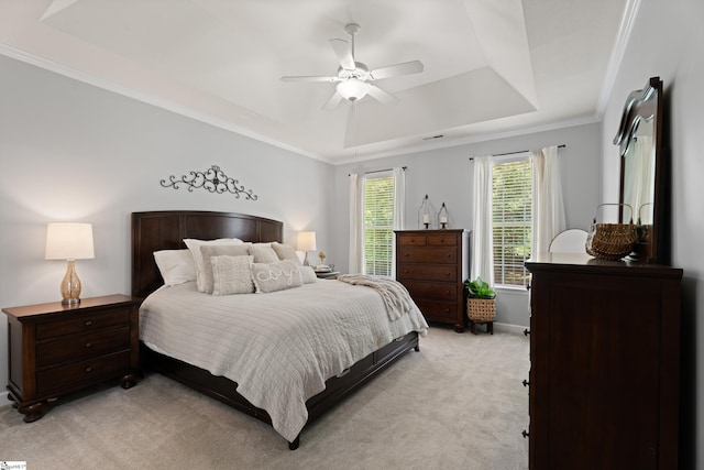 104 Superior Way, Greer, SC 29651 - bedroom featuring a tray ceiling, light colored carpet, ornamental molding, and a ceiling fan