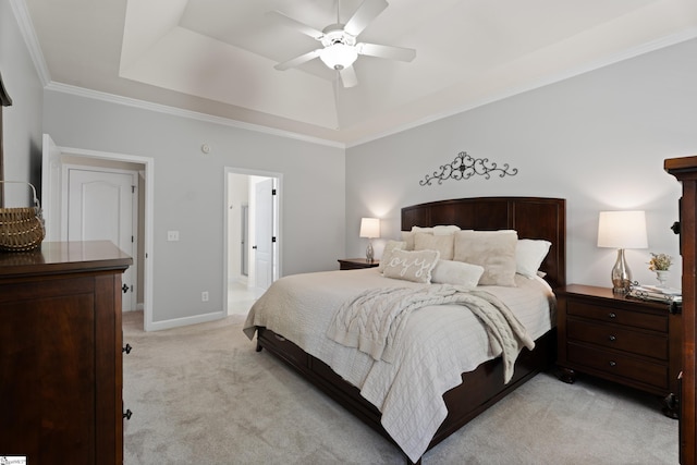 104 Superior Way, Greer, SC 29651 - bedroom featuring a raised ceiling, light colored carpet, crown molding, and ceiling fan