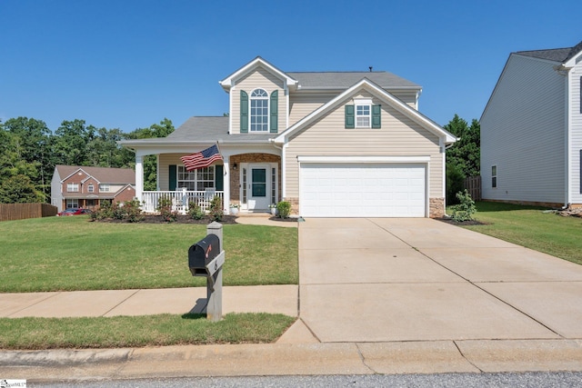 6 Castle Hall Ct, Simpsonville, SC 29681 - traditional home with covered porch, a front yard, driveway, stone siding, and a garage