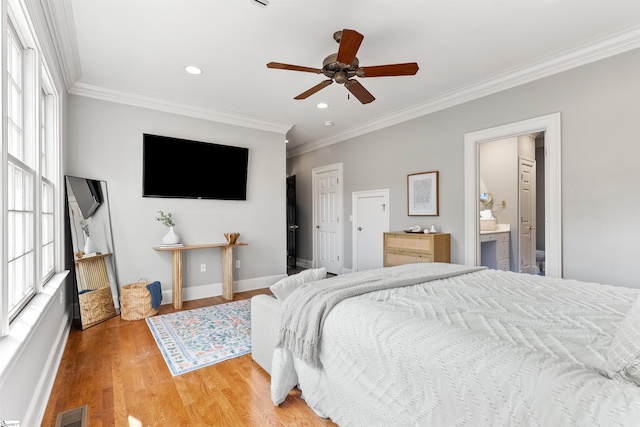 623 N Main St Unit Iii, Unit Iii, Greenville, SC 29601 - bedroom with ornamental molding, wood finished floors, recessed lighting, ensuite bathroom, and a ceiling fan