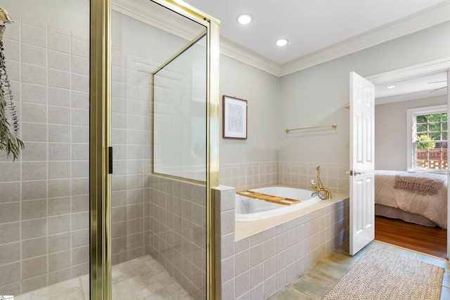 623 N Main St Unit Iii, Unit Iii, Greenville, SC 29601 - bathroom with a garden tub, a stall shower, crown molding, connected bathroom, and recessed lighting