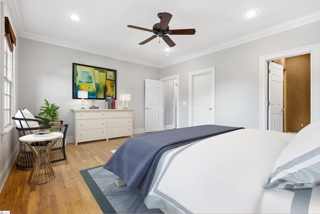 623 N Main St Unit Iii, Unit Iii, Greenville, SC 29601 - bedroom featuring light wood-type flooring, crown molding, recessed lighting, and ceiling fan