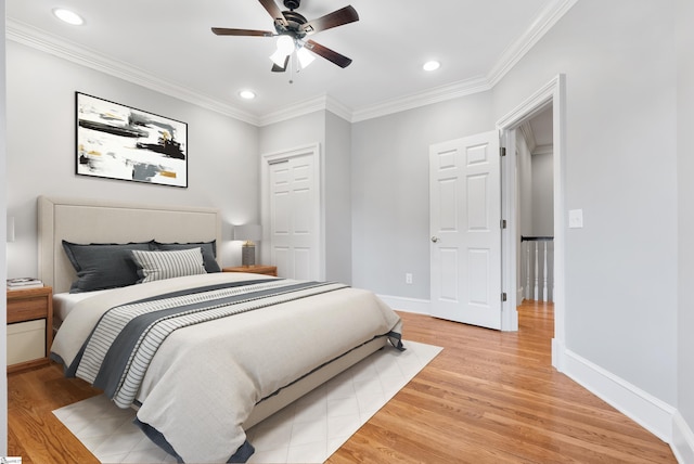 623 N Main St Unit Iii, Unit Iii, Greenville, SC 29601 - bedroom featuring light wood-style flooring, ornamental molding, recessed lighting, and ceiling fan