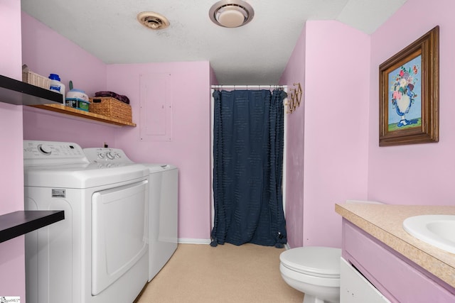 2701 Cobbs Way, Anderson, SC 29621 - full bathroom with washing machine and clothes dryer, electric panel, a shower with shower curtain, and vanity