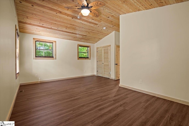 1150 Chinquapin Rd, Travelers Rest, SC 29690 - spare room with vaulted ceiling, wooden ceiling, a ceiling fan, and dark wood-style floors