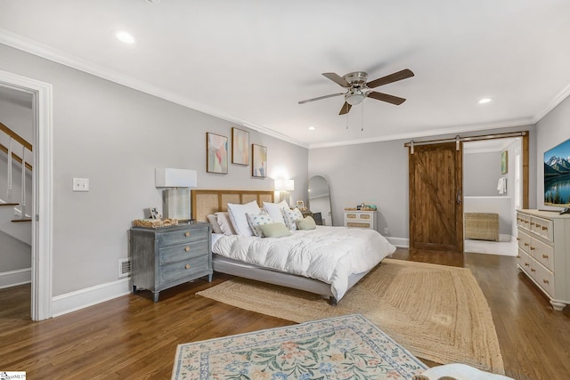 2109 Hudson Rd, Greer, SC 29650 - bedroom featuring dark wood-style floors, a barn door, crown molding, recessed lighting, and a ceiling fan