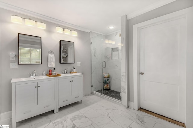 2109 Hudson Rd, Greer, SC 29650 - bathroom with ornamental molding, marble finish flooring, a marble finish shower, double vanity, and recessed lighting