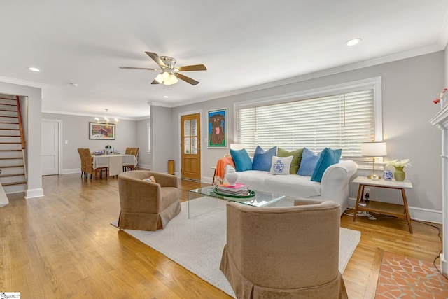 2109 Hudson Rd, Greer, SC 29650 - living room with ceiling fan, ornamental molding, light wood-style flooring, recessed lighting, and a chandelier