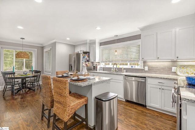 2109 Hudson Rd, Greer, SC 29650 - kitchen with stainless steel appliances, healthy amount of natural light, dark wood finished floors, tasteful backsplash, and ornamental molding