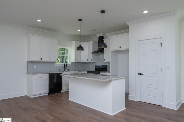 103 Cedar Falls Rd, Fountain Inn, SC 29644 - kitchen featuring black appliances, wall chimney exhaust hood, white cabinets, decorative backsplash, and ornamental molding