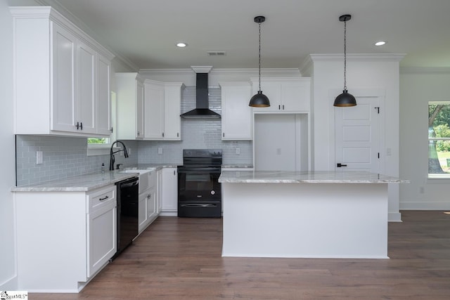 103 Cedar Falls Rd, Fountain Inn, SC 29644 - kitchen with black appliances, wall chimney range hood, tasteful backsplash, white cabinetry, and ornamental molding