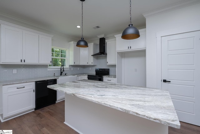 103 Cedar Falls Rd, Fountain Inn, SC 29644 - kitchen featuring black appliances, wall chimney range hood, white cabinetry, tasteful backsplash, and a center island