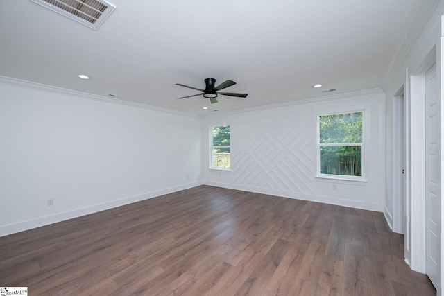 103 Cedar Falls Rd, Fountain Inn, SC 29644 - spare room featuring crown molding, ceiling fan, dark wood-style floors, and recessed lighting