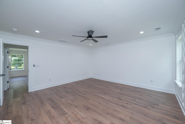 103 Cedar Falls Rd, Fountain Inn, SC 29644 - empty room featuring ceiling fan, ornamental molding, dark wood-style flooring, and recessed lighting