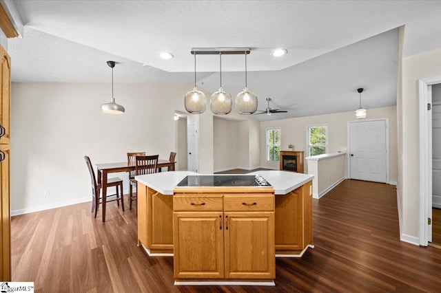 121 Chesterfield Ct, Easley, SC 29640 - kitchen with black electric cooktop, dark wood finished floors, a ceiling fan, a fireplace, and recessed lighting