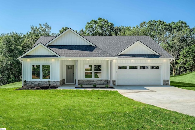 200 Folk Rd, Chesnee, SC 29323 - modern farmhouse style home with a shingled roof, a garage, driveway, a front yard, and board and batten siding