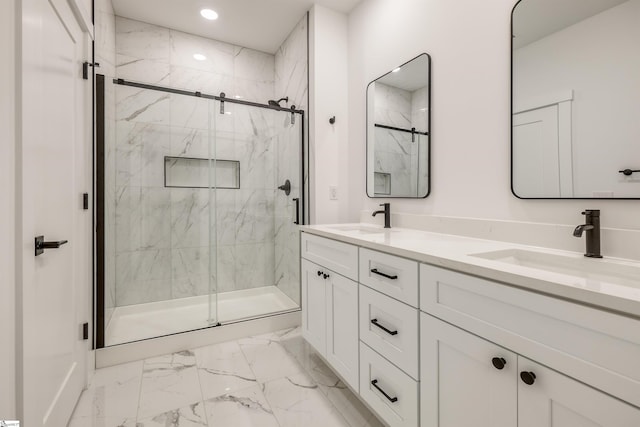 196 Folk Rd, Chesnee, SC 29323 - bathroom featuring marble finish flooring, a marble finish shower, double vanity, and recessed lighting