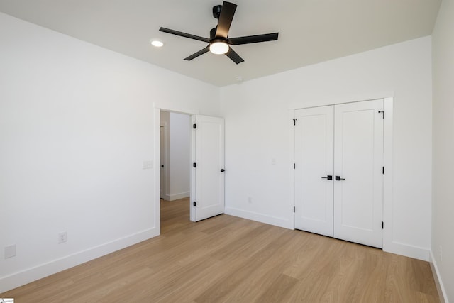 196 Folk Rd, Chesnee, SC 29323 - unfurnished bedroom featuring light wood-style floors, a ceiling fan, recessed lighting, and a closet