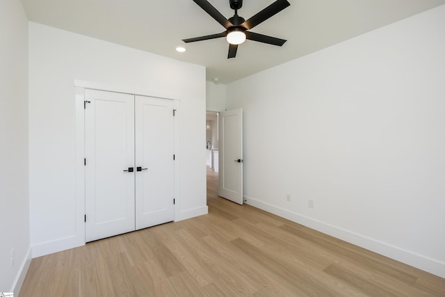 196 Folk Rd, Chesnee, SC 29323 - unfurnished bedroom with light wood-type flooring, recessed lighting, a closet, and a ceiling fan