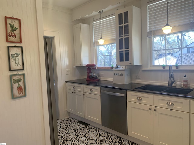 102 Highland Rd, Easley, SC 29640 - kitchen featuring stainless steel dishwasher, dark countertops, white cabinetry, and glass insert cabinets