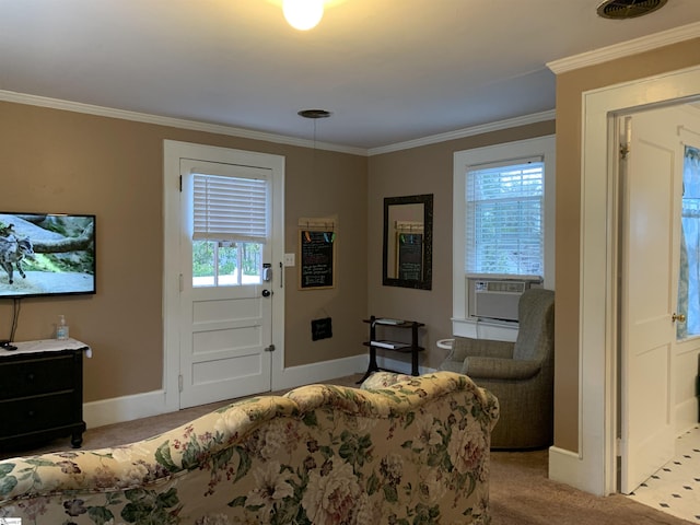 102 Highland Rd, Easley, SC 29640 - living area with cooling unit, carpet floors, and ornamental molding