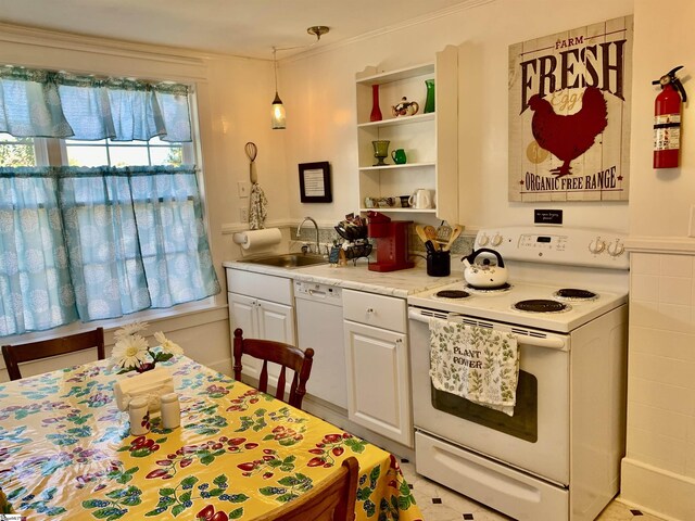102 Highland Rd, Easley, SC 29640 - kitchen with white appliances, open shelves, light countertops, white cabinets, and hanging light fixtures