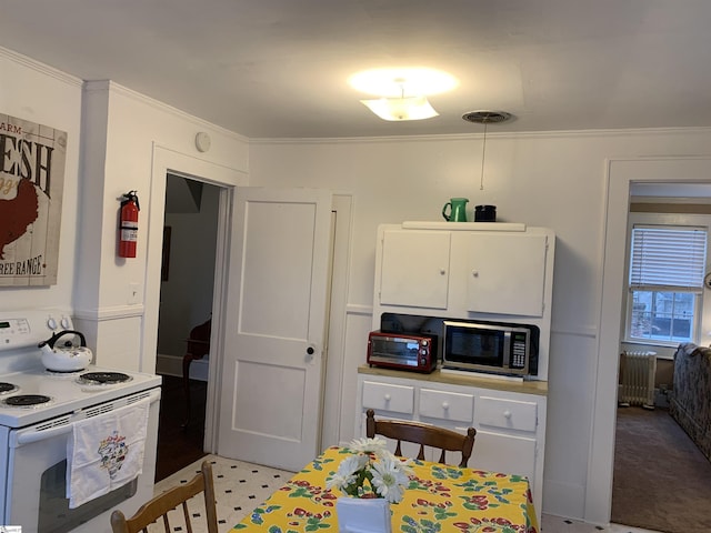 102 Highland Rd, Easley, SC 29640 - kitchen with white electric stove, stainless steel microwave, radiator heating unit, crown molding, and white cabinetry