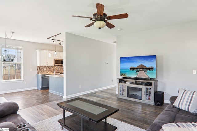 236 Worcester Ln, Easley, SC 29642 - living area featuring wood finished floors, ceiling fan, track lighting, and a glass covered fireplace