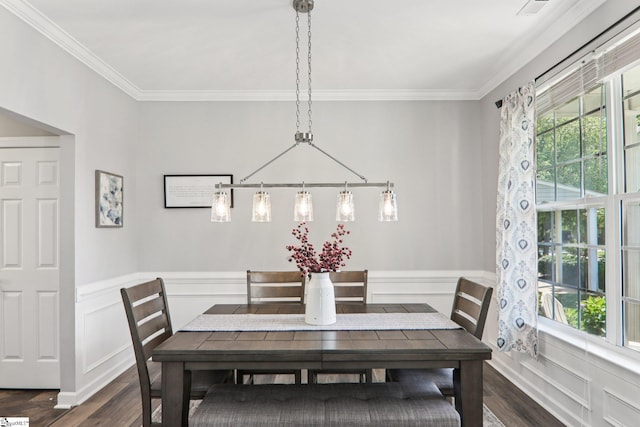 236 Worcester Ln, Easley, SC 29642 - dining space featuring dark wood-style flooring, healthy amount of natural light, crown molding, a wainscoted wall, and a decorative wall