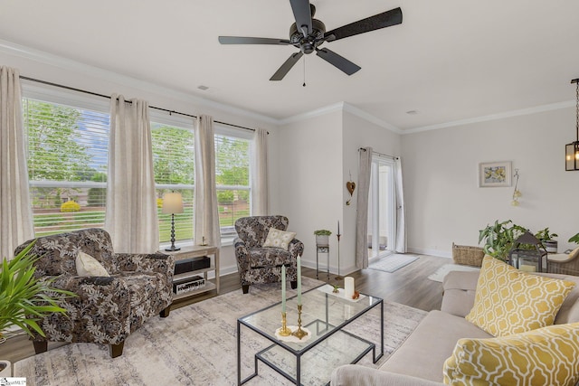 305 Yellow Fox Rd, Greer, SC 29650 - living area with crown molding, a ceiling fan, wood finished floors, and healthy amount of natural light