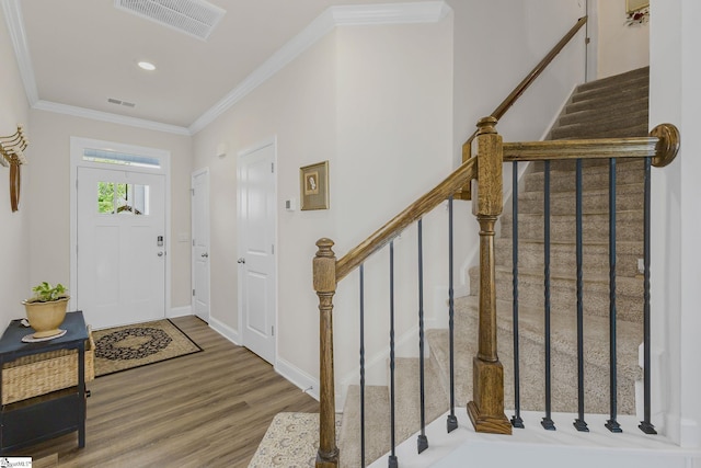 305 Yellow Fox Rd, Greer, SC 29650 - entryway with wood finished floors, crown molding, stairs, and recessed lighting