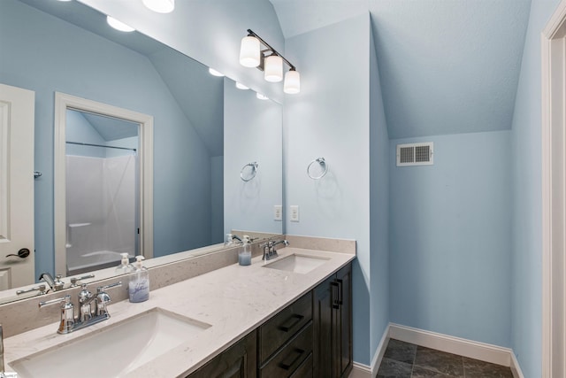 113 River Pines Trl, Greer, SC 29651 - full bath featuring vaulted ceiling, double vanity, and shower / bathtub combination