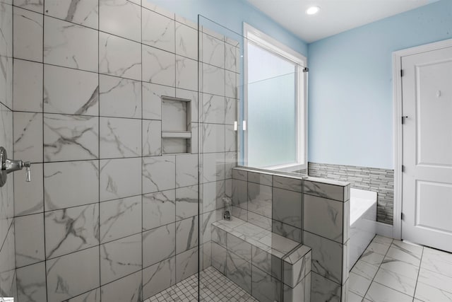 113 River Pines Trl, Greer, SC 29651 - full bathroom with a shower stall, a bath, tile walls, marble finish floors, and recessed lighting