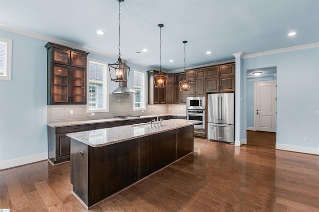 113 River Pines Trl, Greer, SC 29651 - kitchen with stainless steel appliances, dark brown cabinets, dark wood finished floors, decorative backsplash, and crown molding