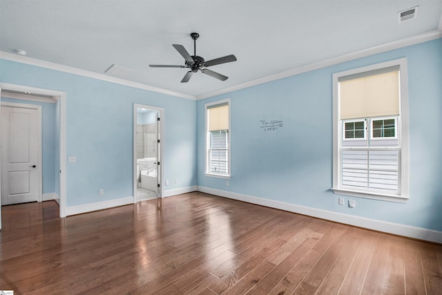 113 River Pines Trl, Greer, SC 29651 - unfurnished bedroom with wood finished floors, multiple windows, crown molding, ceiling fan, and ensuite bathroom