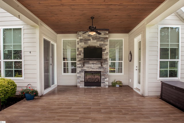 113 River Pines Trl, Greer, SC 29651 - view of patio / terrace with an outdoor stone fireplace and ceiling fan