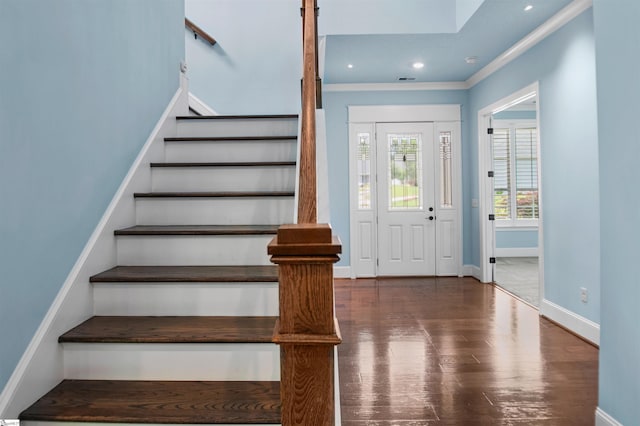 113 River Pines Trl, Greer, SC 29651 - entryway featuring wood finished floors, stairs, crown molding, and recessed lighting
