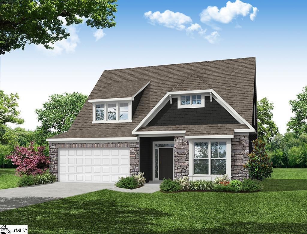 652 Columbus Cir, Simpsonville, SC 29680 - view of front of house featuring stone siding, driveway, a front lawn, an attached garage, and roof with shingles