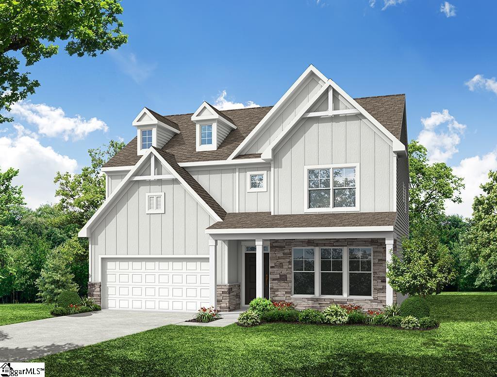 664 Columbus Cir, Simpsonville, SC 29680 - view of front of property featuring board and batten siding, stone siding, a front yard, and driveway