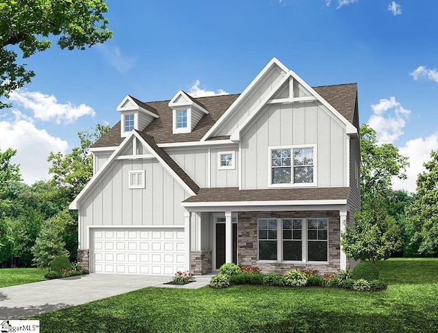 664 Columbus Cir, Simpsonville, SC 29680 - view of front of property featuring board and batten siding, stone siding, a front yard, and driveway